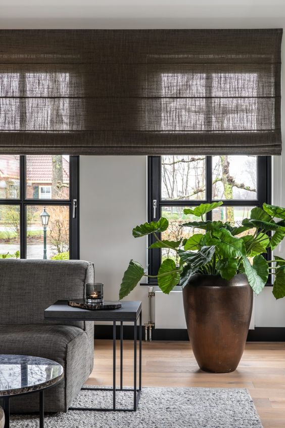 Sala com persiana preta e vaso de plantas