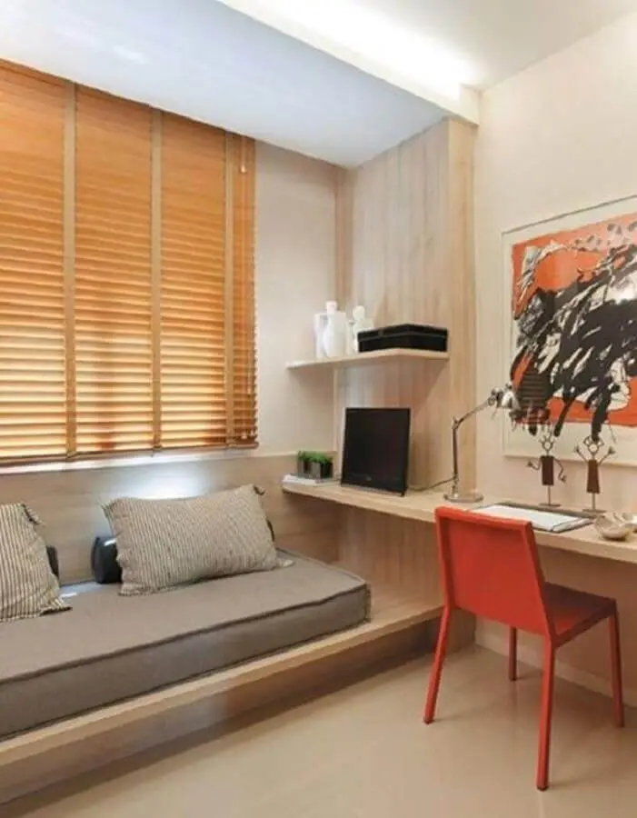 bancada de madeira para decoração de quarto planejado com escritório Foto Simples Decoração