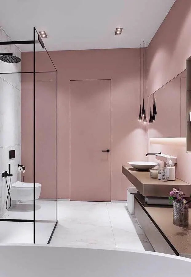 banheiro moderno decorado com parede rosa chá Foto Pinterest