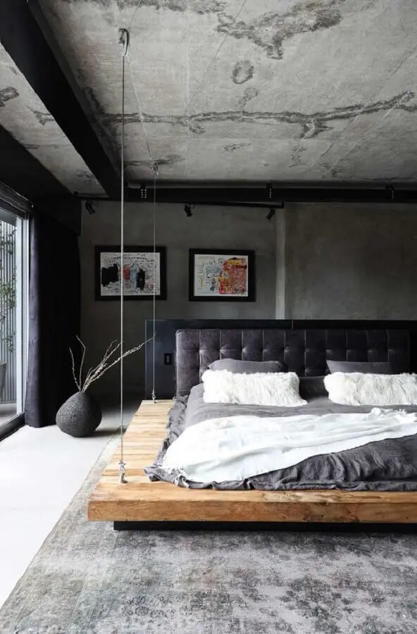 cama suspensa de madeira para decoração de quarto industrial Foto Casa de Valentina