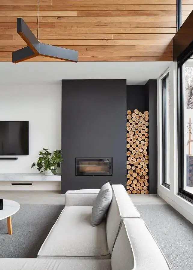 decoração em tons de cinza para sala de estar com lareira moderna Foto Pinterest