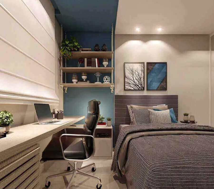 decoração moderna para quarto planejado com escritório Foto Eduardo Muzzi