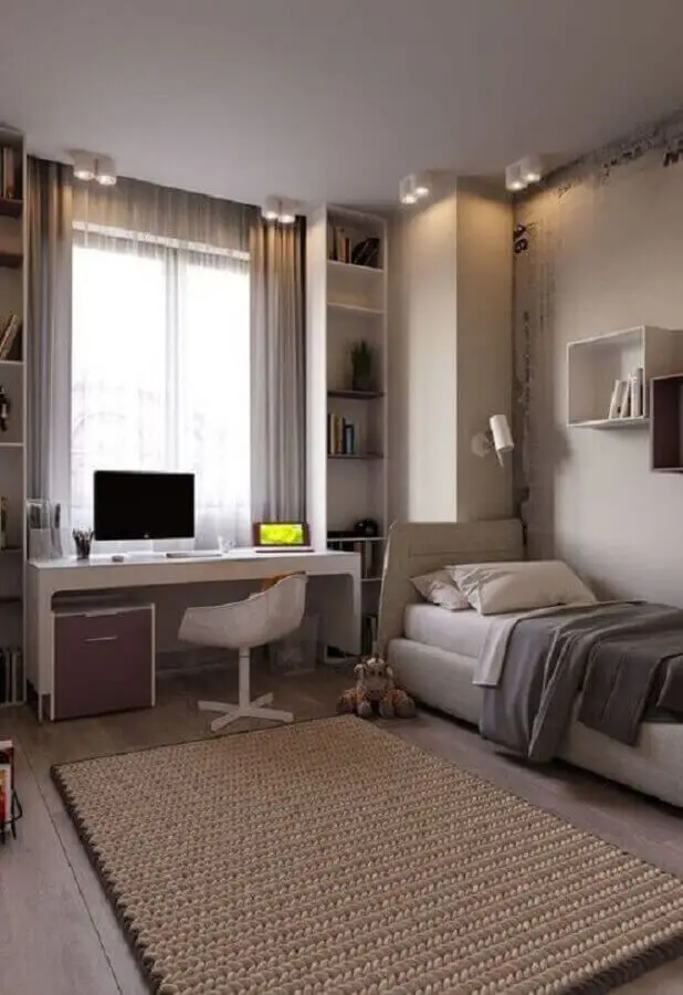 escrivaninha branca para quarto solteiro com escritório decorado em cores neutras Foto Jeito de Casa