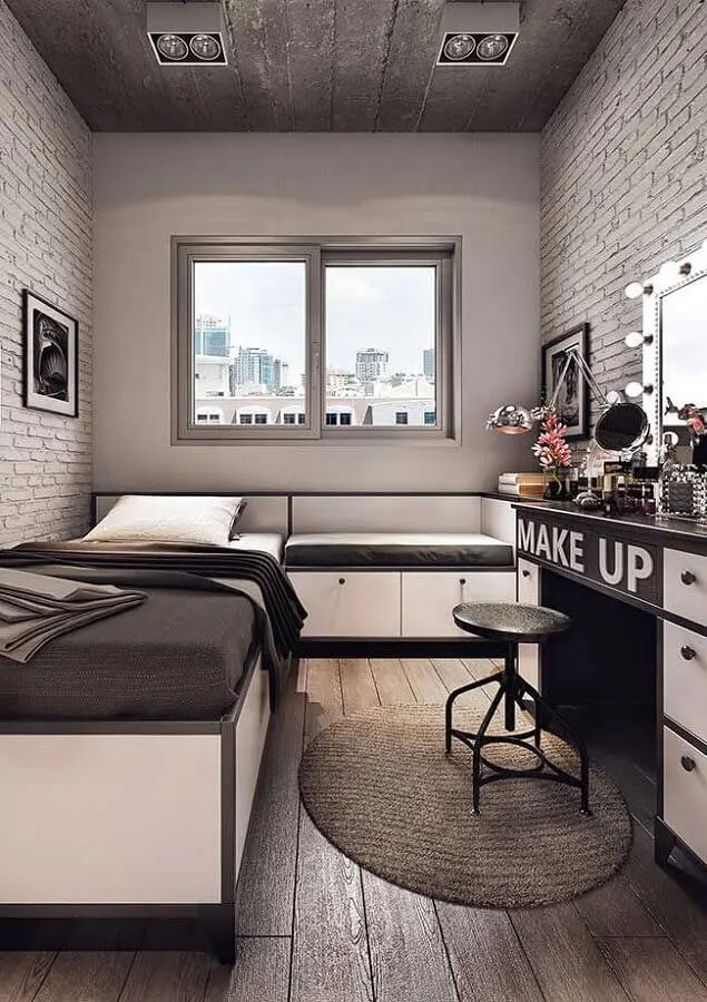 estilo industrial para quarto de solteiro pequeno decorado com móveis planejados Foto Pinterest