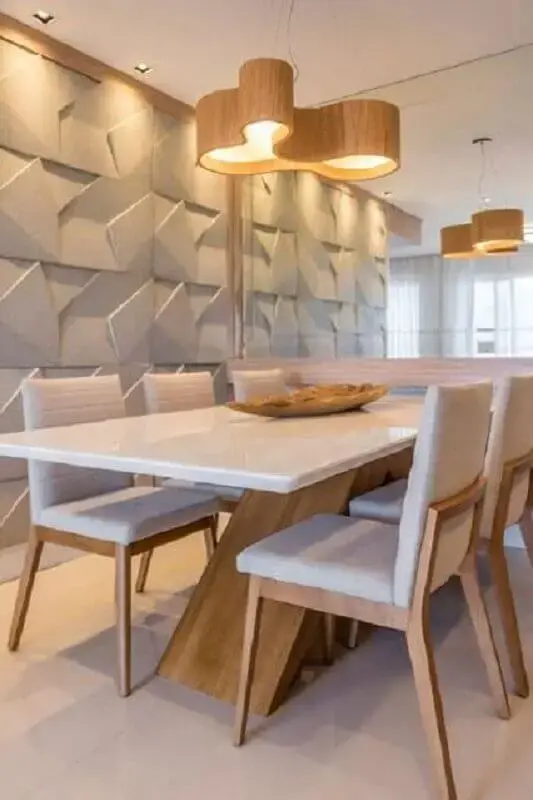 luminária de madeira para sala de jantar branca decorada com revestimento 3D Foto Jeito de Casa