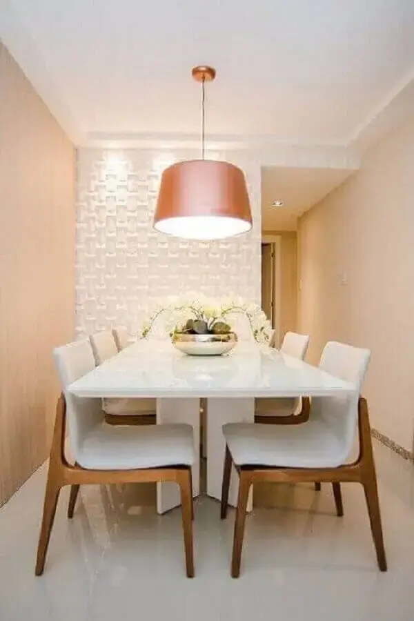 luminária de teto para sala de jantar branca e rose decorada com revestimento 3D Foto Pinterest