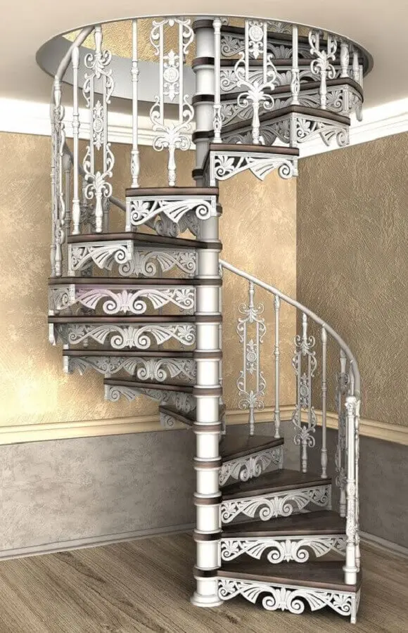 modelo clássico de escada espiral de alumínio com degraus de madeira Foto Pinterest