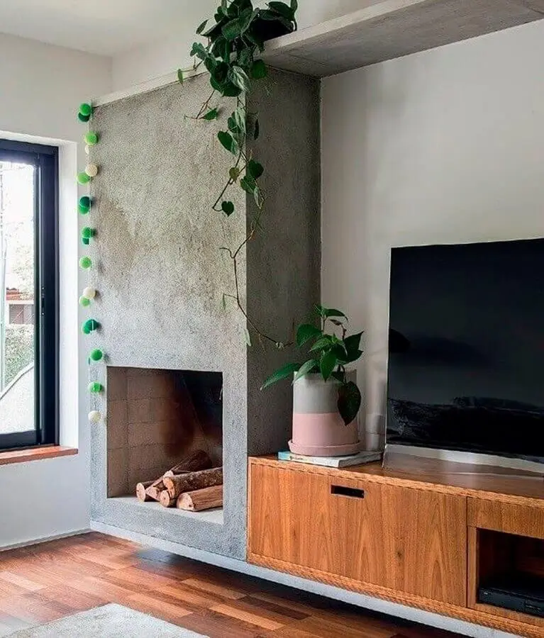 rack de madeira para decoração de sala de estar com lareira rústica Foto Dicas Decor