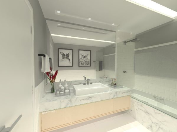 Banheiro com rodameio e revestimento marmorizado