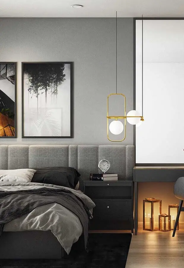 Como decorar um quarto moderno em tons de cinza com luminária dourada Foto Futurist Architecture