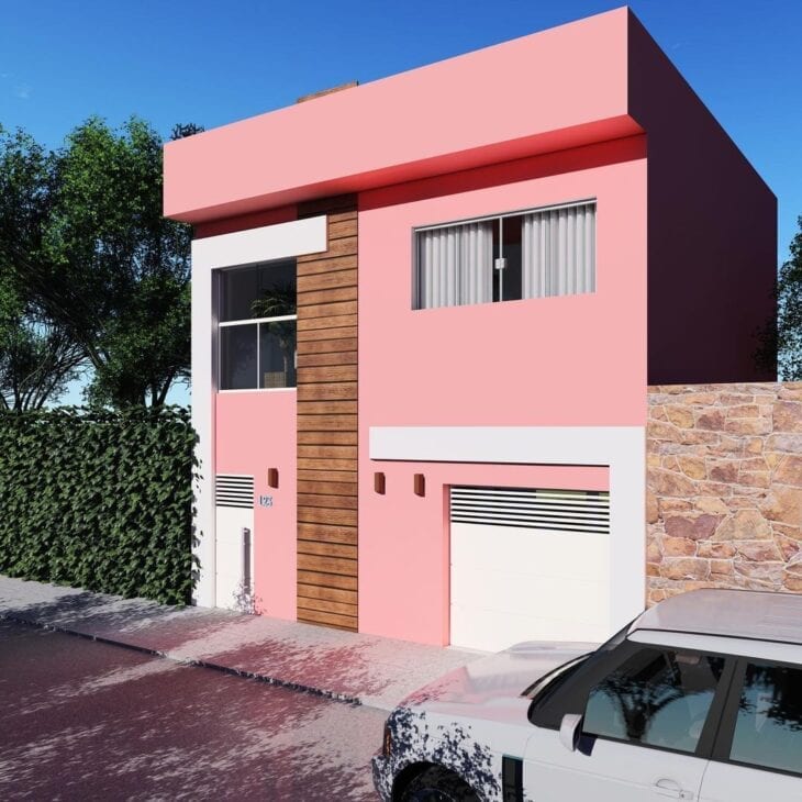 Cores para fachadas de casas cor de rosa com revestimento de madeira