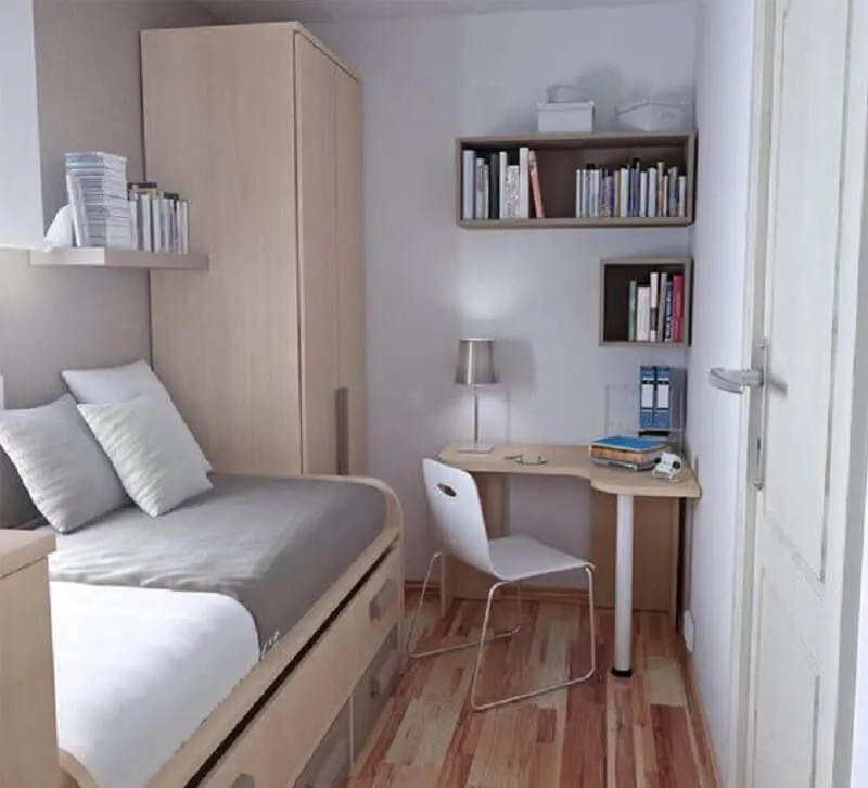 Decoração simples para quarto masculino pequeno com escrivaninha de canto Foto Essência Móveis de Design