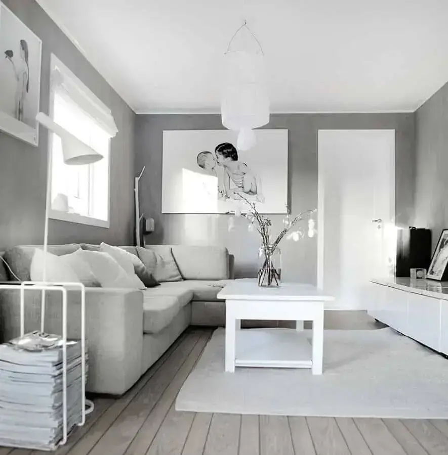 Decoração clean para sala cinza e branco simples Foto Construção e Design