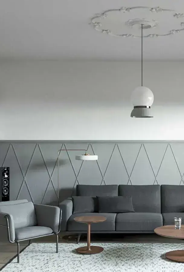 Decoração de sala pintada de cinza e branco com luminária moderna Foto Pinterest