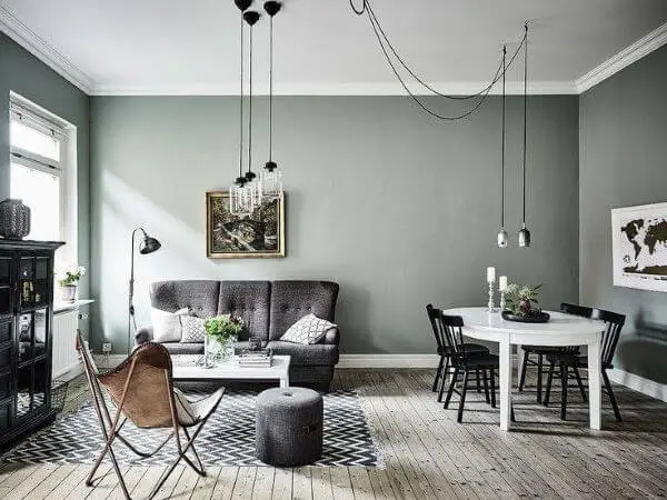Decoração escandinava com cores de tinta para parede em tons de cinza e móveis brancos