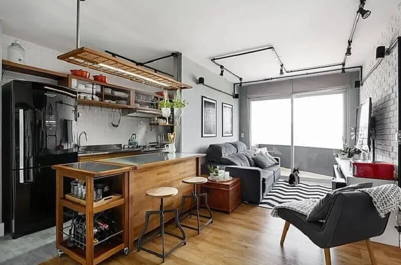 Decoração estilo industrial para cozinha aberta com sala de apartamento Foto 3P Studio