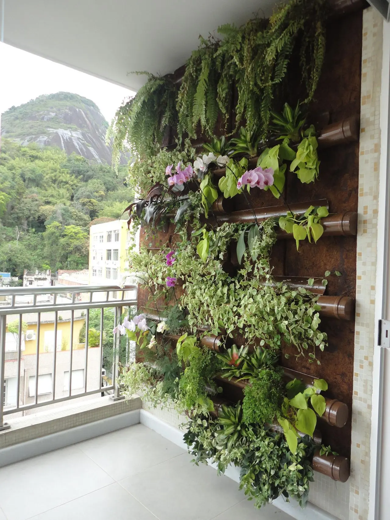 Jardim vertical decorado com plantas aéreas