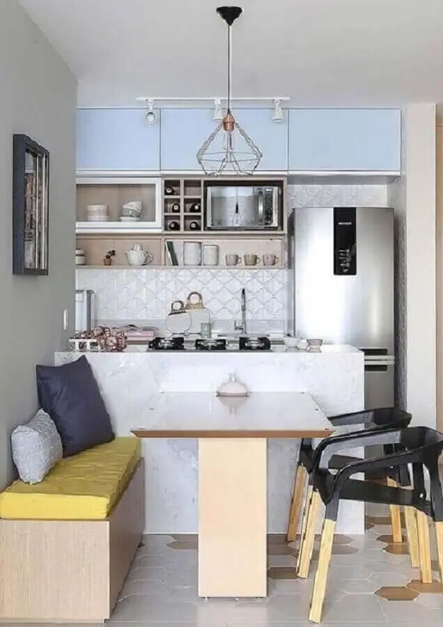 Mesa branca para decoração de cozinha aberta pequena Foto Decor Fácil