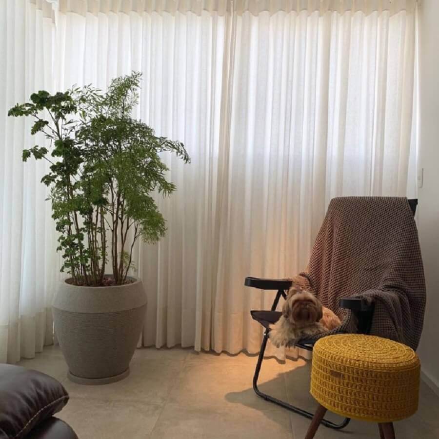 Decoração de sala pequena com plantas no chão e puff redondo de crochê Foto Verdifique