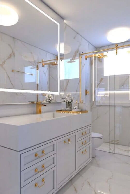 Decoracao sofisticada com gabinete para banheiro branco com detalhes dourados Foto Archtrends
