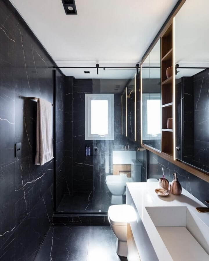 Mármore preto para decoração de banheiro pequeno e bonito Foto Natalia Lazzarotto
