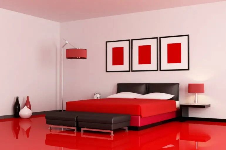 O piso vermelho de porcelanato líquido traz personalidade para a decoração do ambiente. Fonte: Harmony Béton