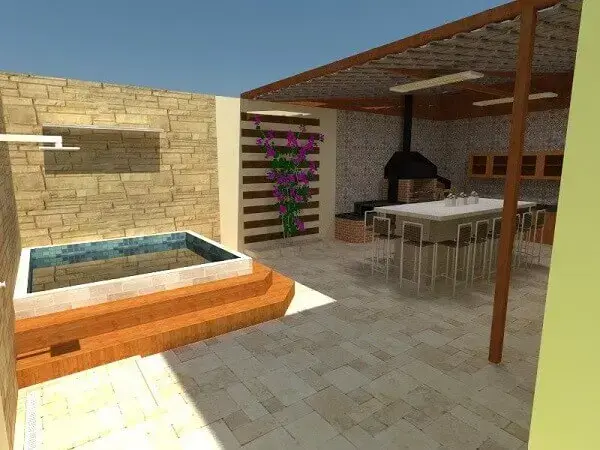 Projeto 3D de edícula com churrasqueira simples e piscina. Fonte: Mayline Mendes
