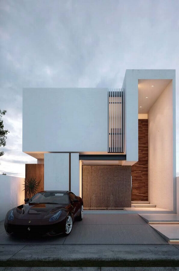 Cores de casas modernas externa com fachada branca com detalhes em madeira Foto Decor Fácil
