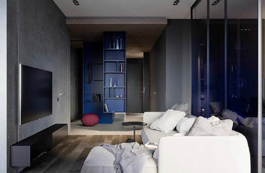Cores de casas modernas para decoração de sala cinza e azul marinho Foto Decor Fácil