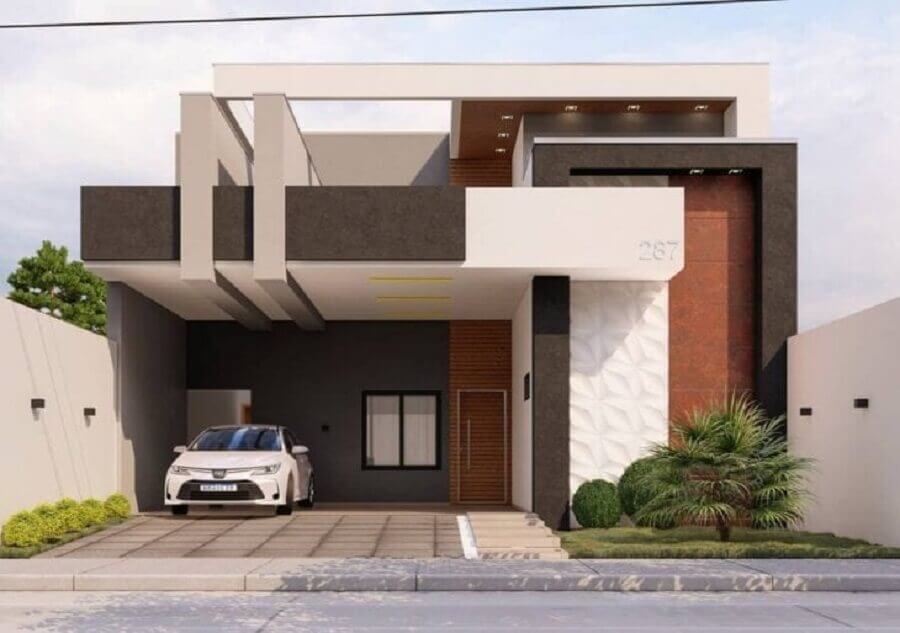 Cores de casas modernas para fachada cinza e branca decorada com detalhes em tons terrosos Foto Gambeta Engenharia e Construção