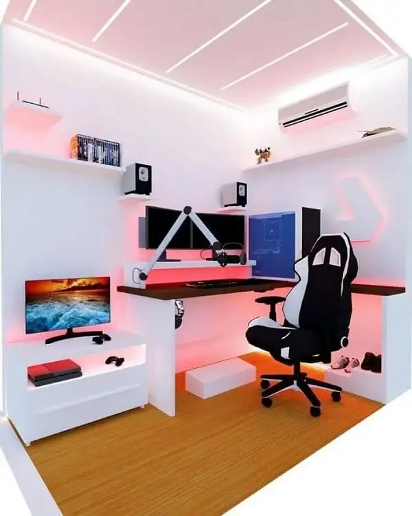 Decoração com led rosa para quarto gamer feminino todo branco. Fonte: Futurist Architecture