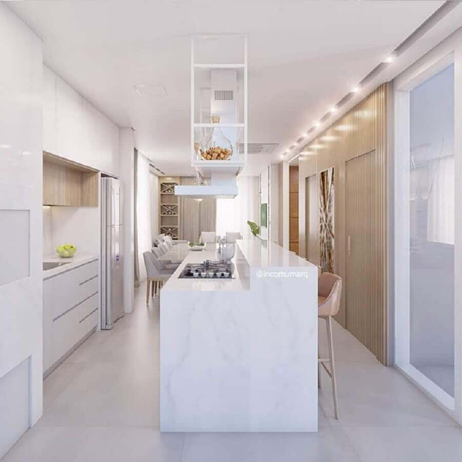  Ilha gourmet com cooktop para decoração de cozinha branca planejada Foto Incomum Arquitetura Singular