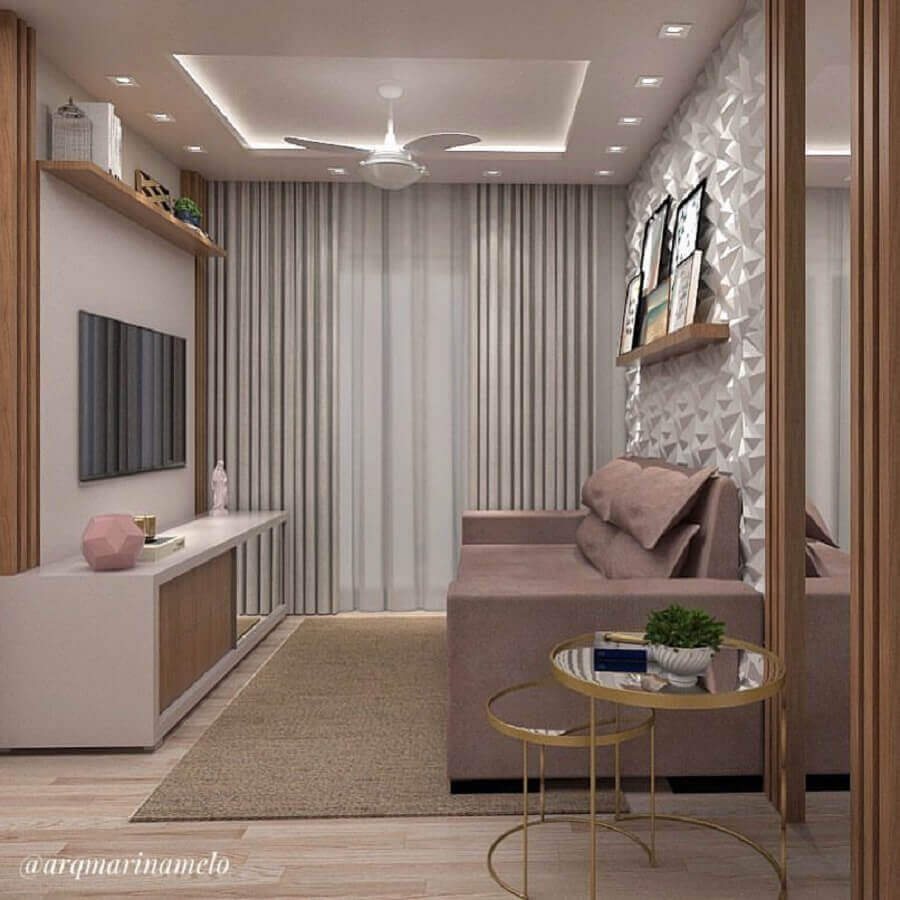  Iluminação de sala de estar pequena decorada com revestimento 3D Foto Arq. Marina Melo