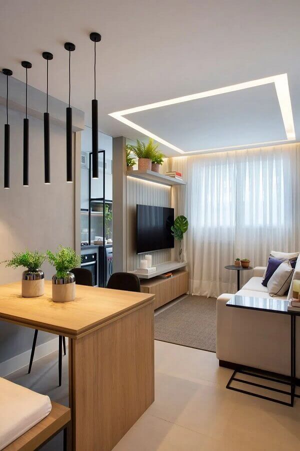 Iluminação sala de estar pequena integrada com sala de jantar Foto Arquiteta Bianca da Hora