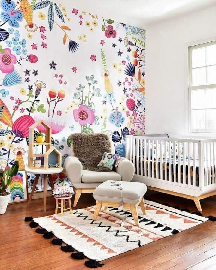 Papel de parede floral para decoração de quarto de bebe colorido Foto MOOUI