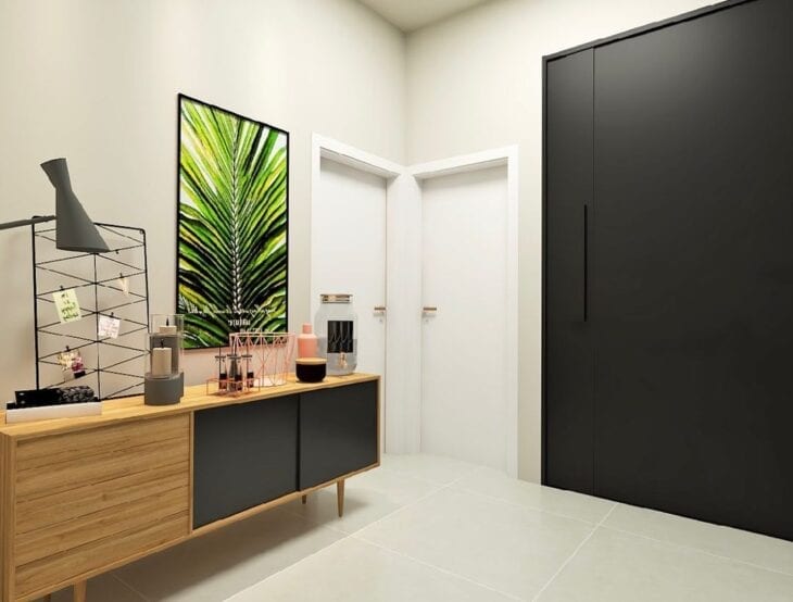 Sala minimalista com porta preta para outros ambientes
