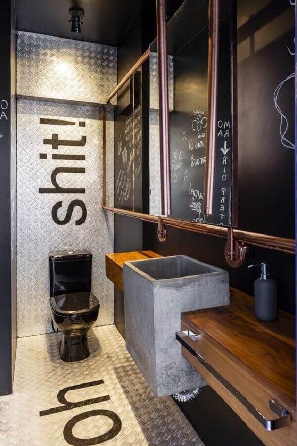 Bancada de madeira com cuba de concreto para decoração de banheiro industrial moderno Foto Casa Vogue