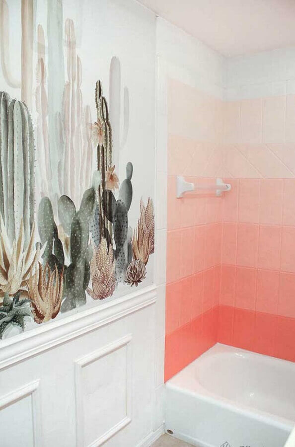 Banheiro branco decorado com azulejo colorido em tons de rosa Foto Decor Fácil