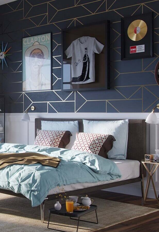 Boiserie quarto decorado com papel de parede geométrico Foto Decor Fácil