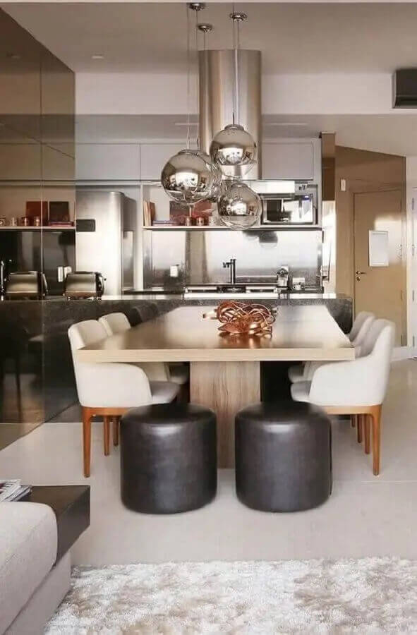 Decoração moderna para cozinha integrada com sala de jantar com cadeira almofadada Foto Decor Fácil
