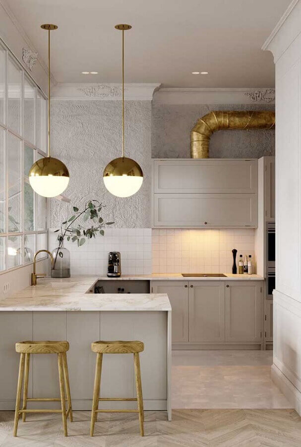 Decoração sofisticada em cores claras com banco para cozinha americana planejada Foto Homify