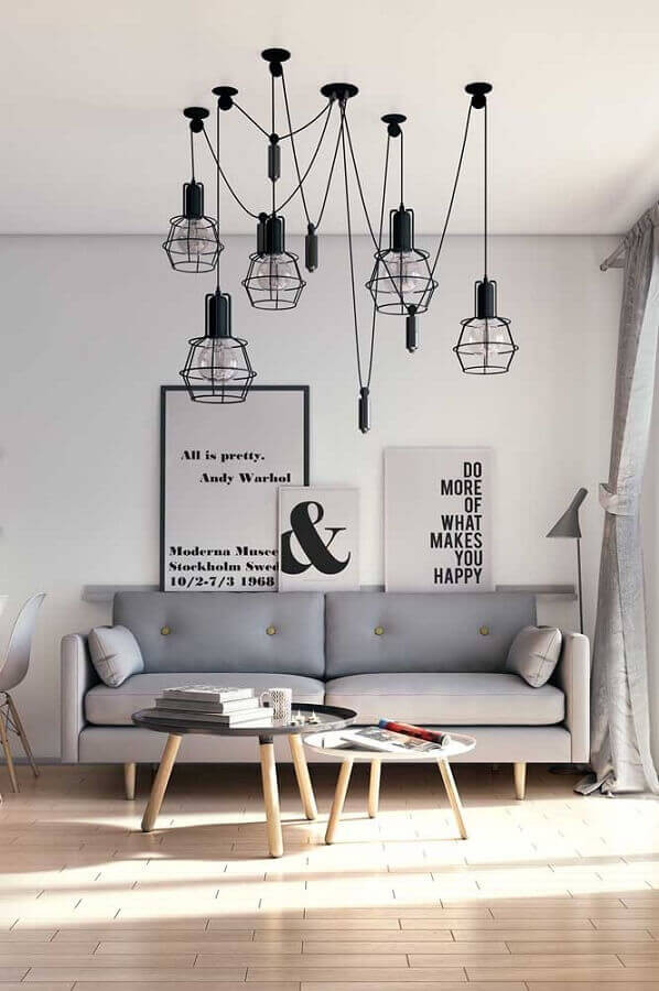 Lustre aramado preto para decoração de sala de estar cinza Foto Decor Fácil
