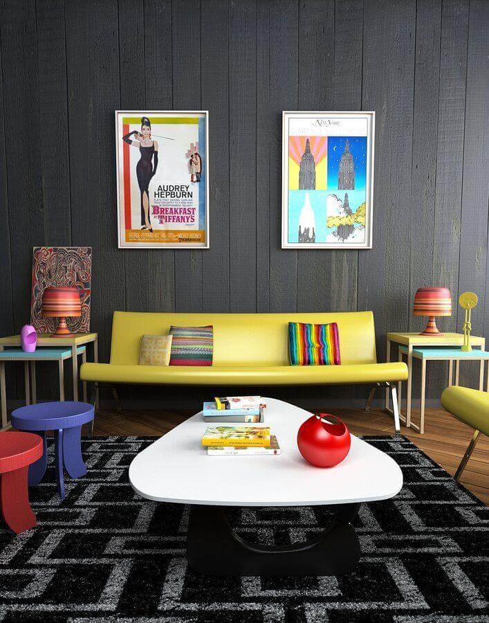 Móveis para sala colorida decorada com tapete preto Foto Oficina de Arquitetura