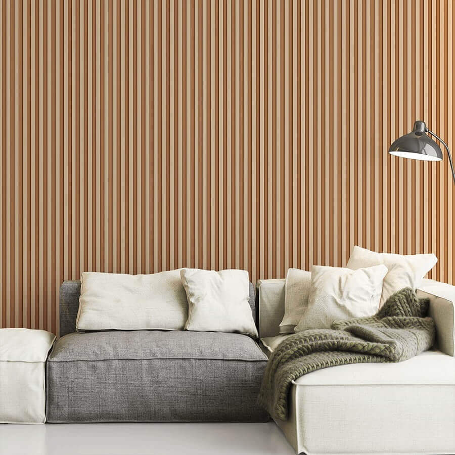 Parede ripada de madeira para decoração de sala moderna com sofa modular Foto Defacile
