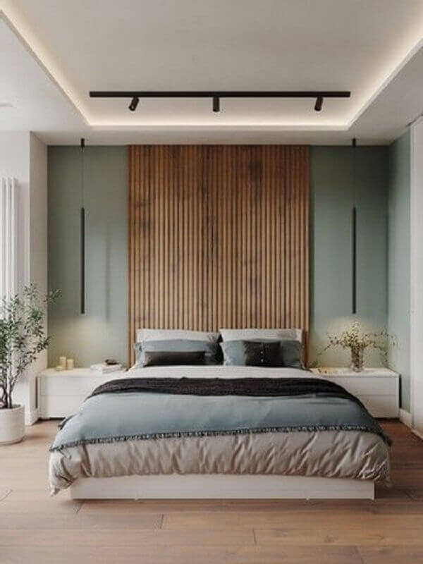 Parede ripada para decoração de quarto de casal com luminária pendente moderna Foto Architecture Art Design