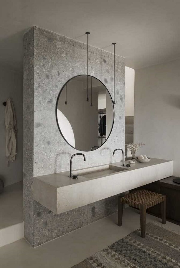 Banheiro moderno com cuba de porcelanato cinza