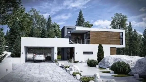 Casa com garagem na lateral sofisticada. Fonte: Yukbiznis