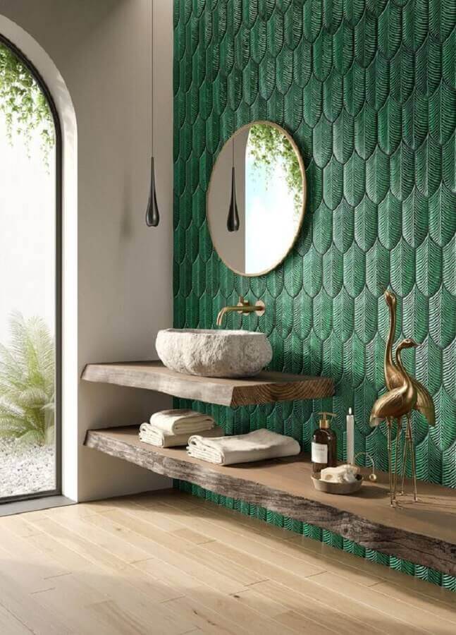Revestimento 3D para decoração de banheiro verde com cuba rustica Foto Archiproducts