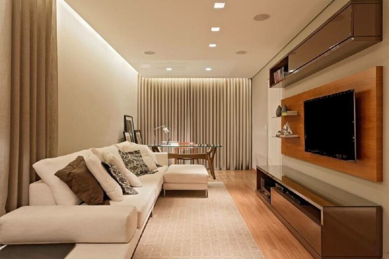 Cores neutras para decoração de sala de TV clean Foto Leds Arquitetura
