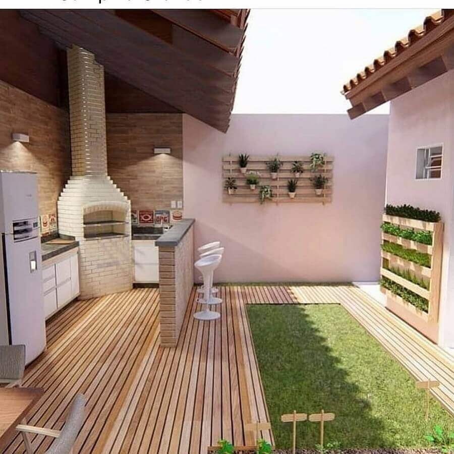 Jardim pequeno para cantinho do churrasco decorado com churrasqueira tijolinho Foto Tudo Construção
